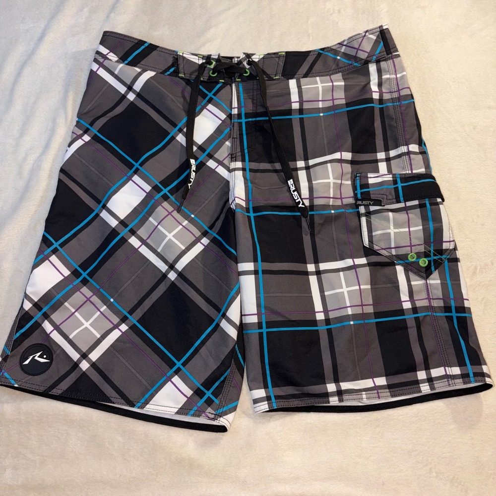 Rusty Mens Plaid Board Shorts Y2K 36 Black Grey Blue Surf Swim Trunks Wax Comb